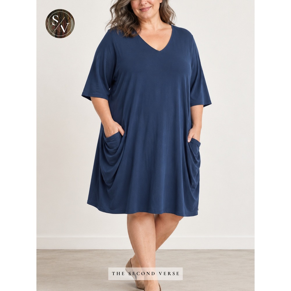 Eileen Fisher Woman Navy Blue Organic Cotton V-Neck Draped Pocket Dress 3X